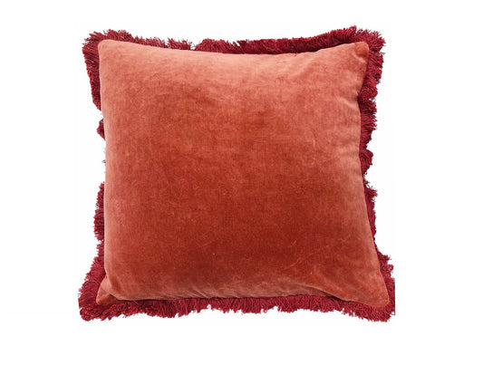 Cotton velvet cushion with fringes rose pink