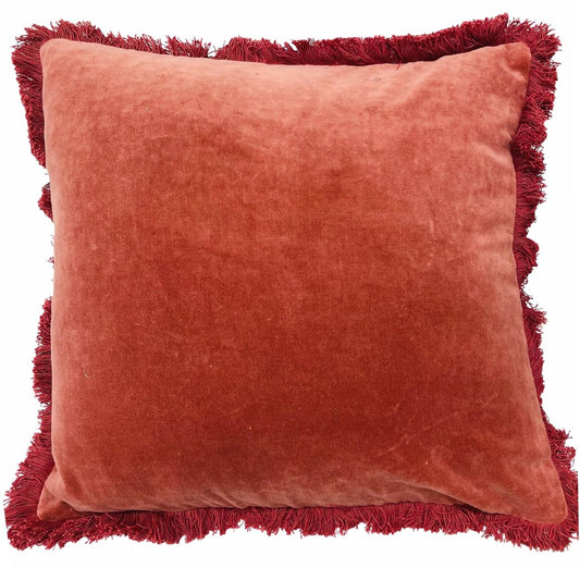 Cotton velvet cushion with fringes rose pink