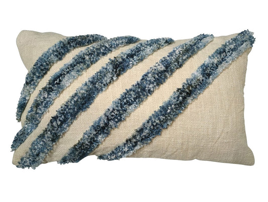 Woven Natural Cushion with Tufted Blue Stripes