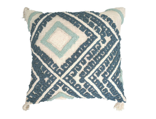 Cream cushion with navy blue tufted diamond design