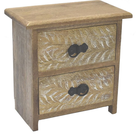 Wooden 2 Drawer Unit with Hand Carved Palm Design