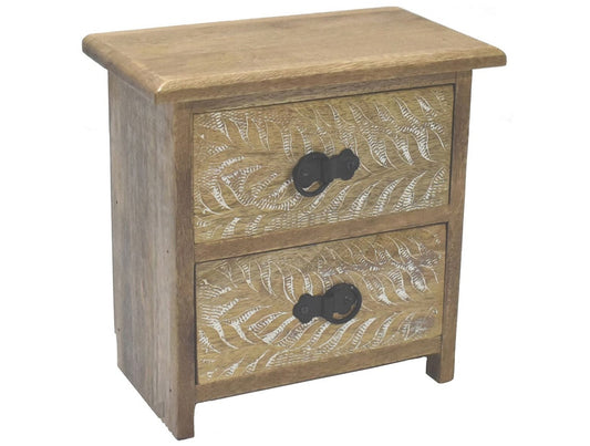 Wooden 2 Drawer Unit with Hand Carved Palm Design