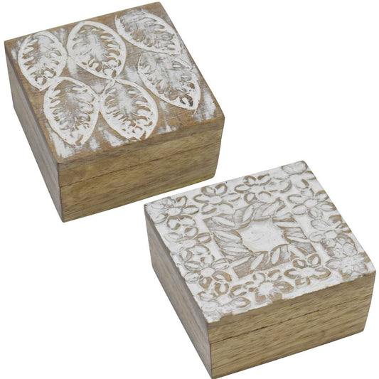 Set of 2 Hand Carved Wooden Boxes