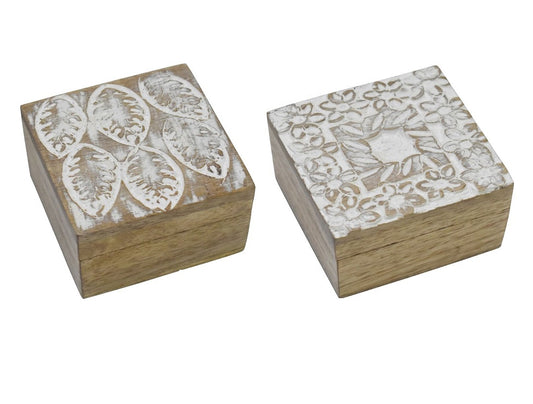 Set of 2 Hand Carved Wooden Boxes