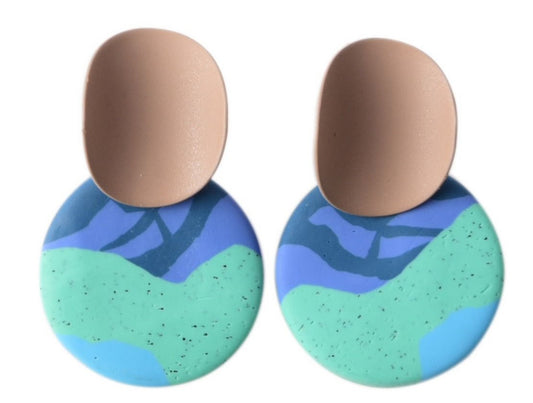 Brown Circle Earrings with Blue & Green Patterned Circle Drop