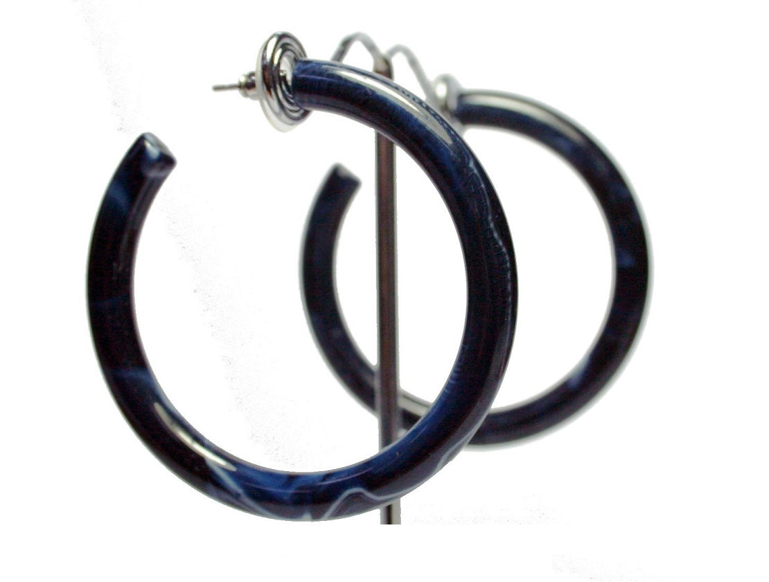 Blue Black Marbled Hoop Earrings