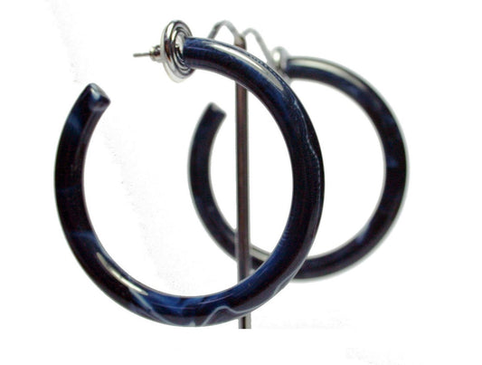 Blue Black Marbled Hoop Earrings