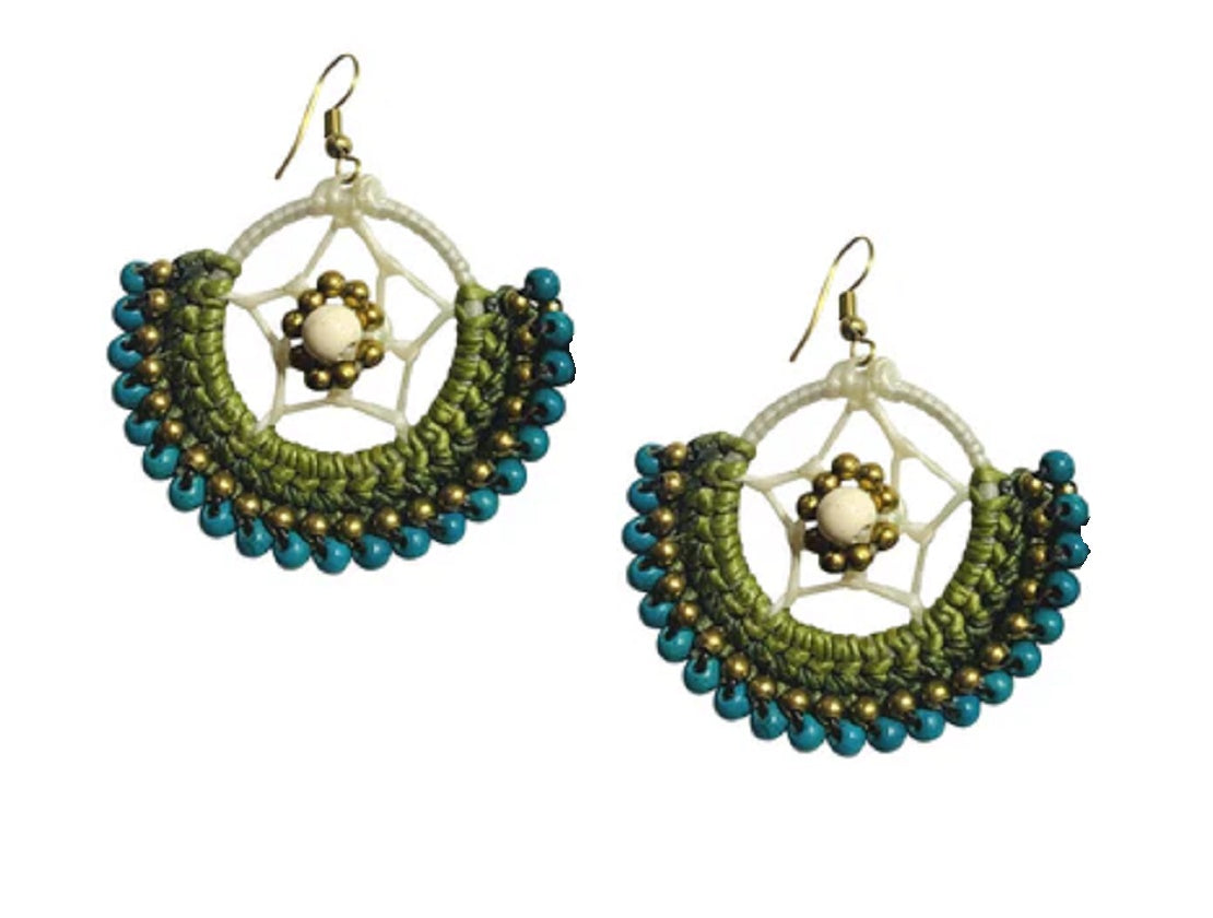 Olive and Blue Crochet Earrings