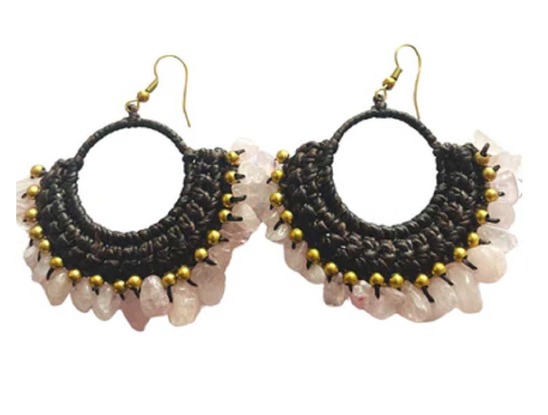 Crochet Earrings with Hand Beading and Natural Pink Stones