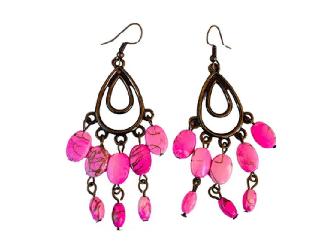Hand Beaded Pink Stone Chandelier Earrings