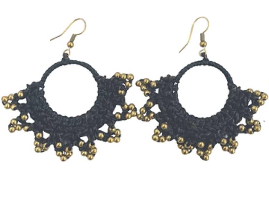 Black and Gold Hand Beaded Crochet Earrings