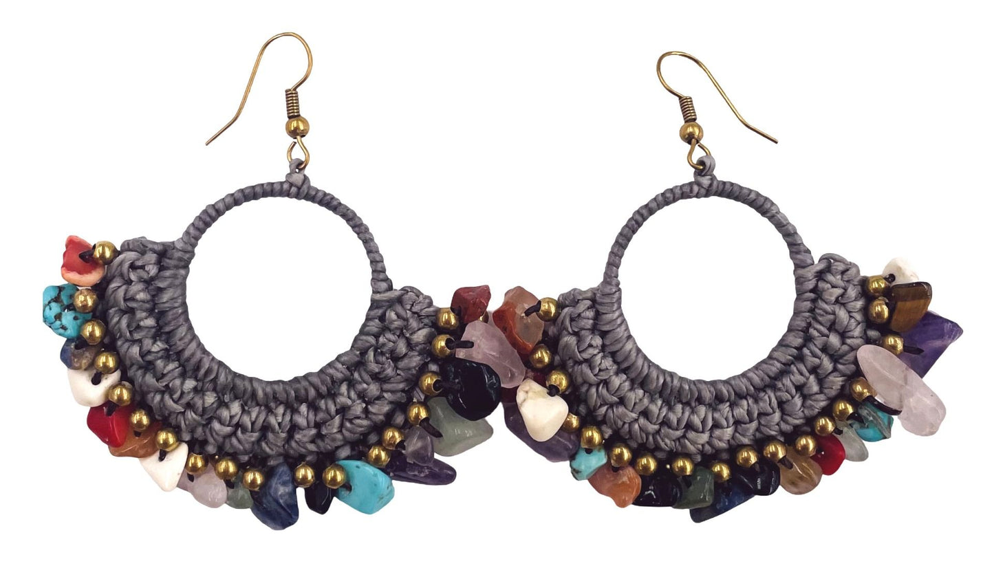 Crochet Earrings with Multi Coloured Agate Stones