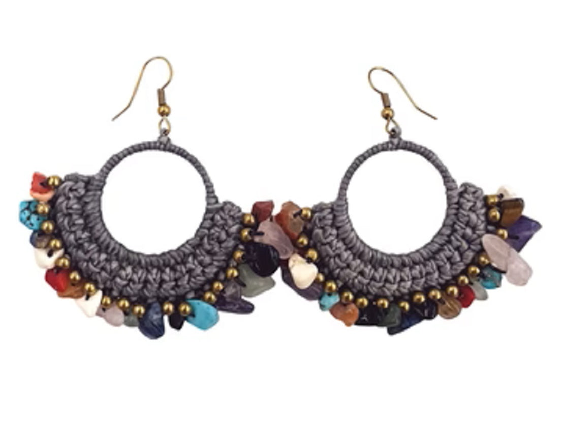 Crochet Earrings with Multi Coloured Agate Stones