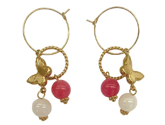 Pink Butterfly Beaded Hoop Earrings