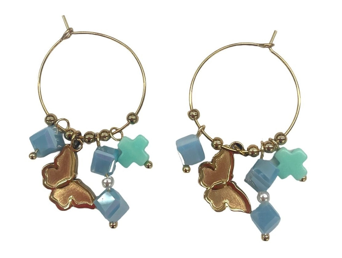 Blue Butterfly Beaded Hoop Earrings