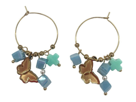 Blue Butterfly Beaded Hoop Earrings