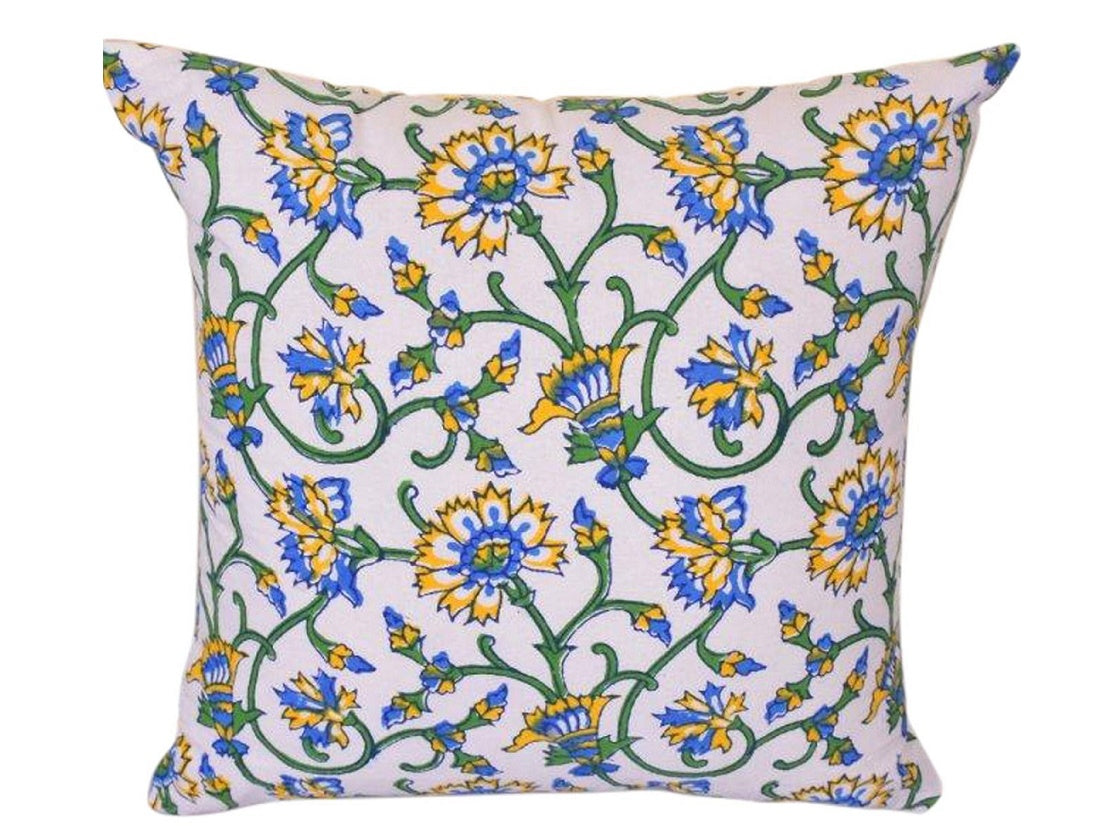 Blue/yellow block print cushion