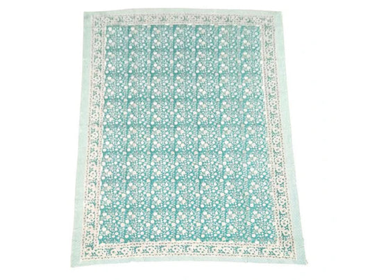 Small Rectangular Turquoise & Floral Block Print Tablecloth
