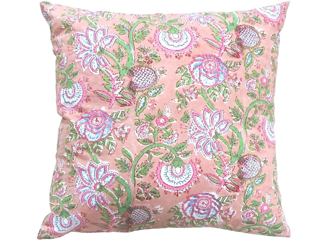 Pink/white block printed cushion