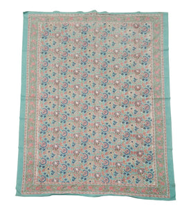 Turquoise /pink block print cotton tablecloth 150x220 cm