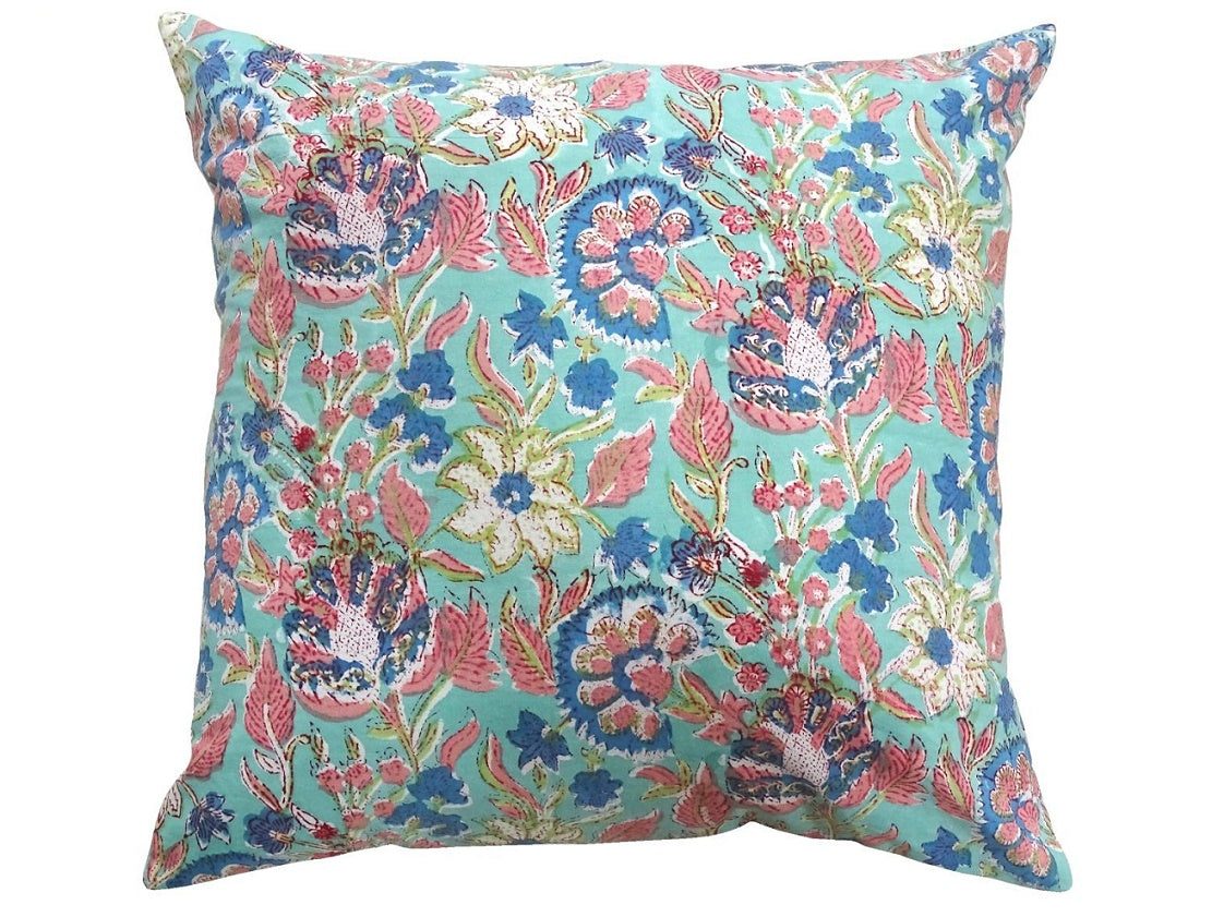 Turquoise /pink block printed cotton cushion