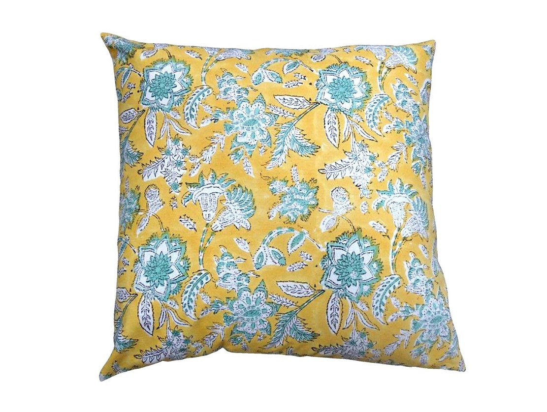 Yellow/turquoise block printed cushion