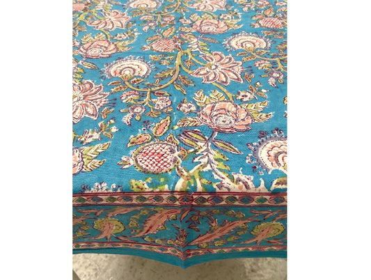 Turquoise /pink block print cotton tablecloth
