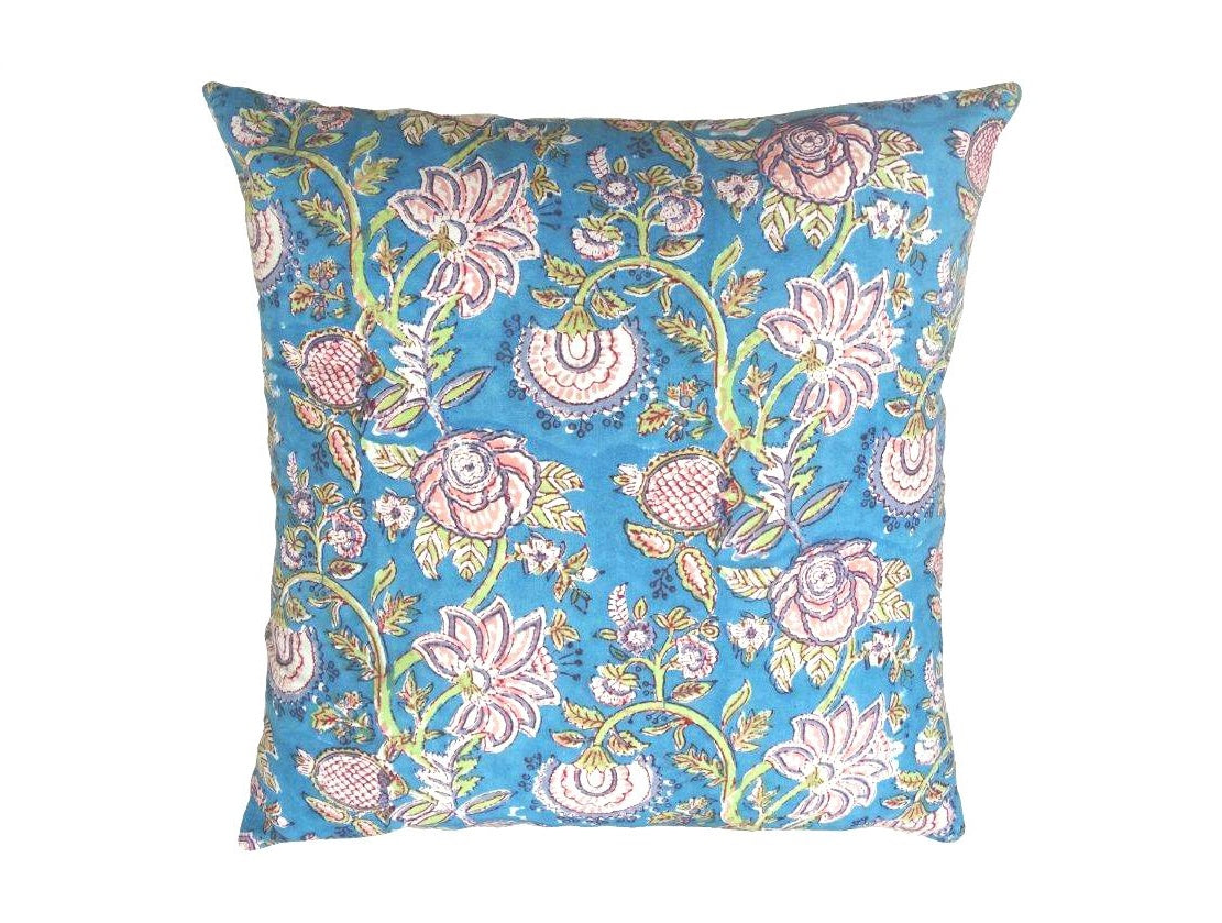 Blue & pink block print cotton cushion