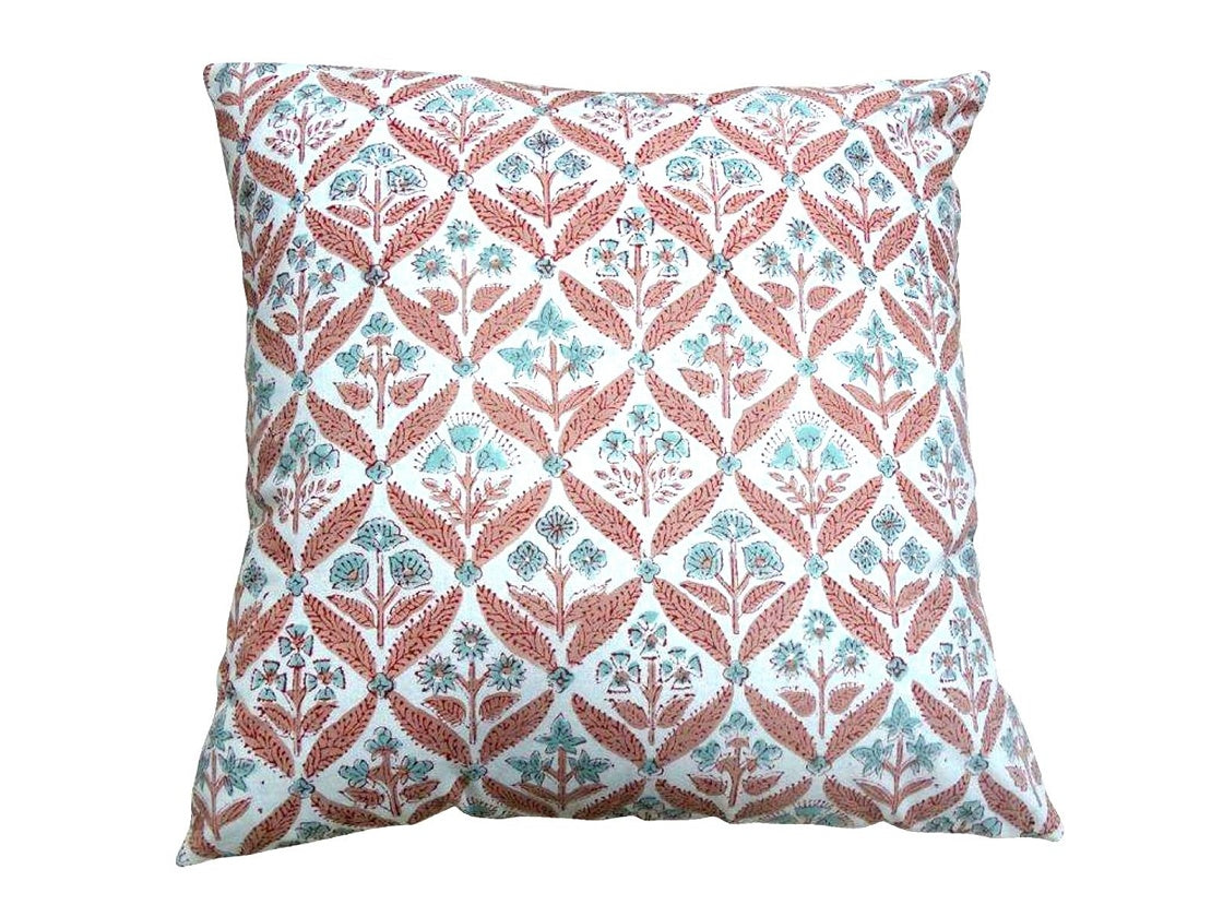 Pink/green cotton block print cushion