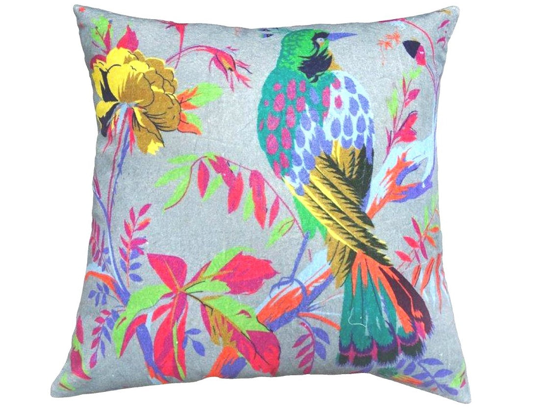 Grey Velvet Cushion with Bird Design