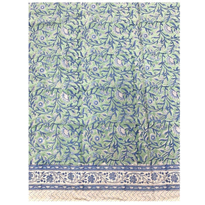 Green with blue flowers block print tablecloth 150x220cm