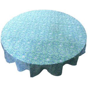 Round green with blue floral block print tablecloth 180cm