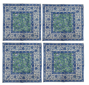 Green with blue floral block print napkins 40x40cm