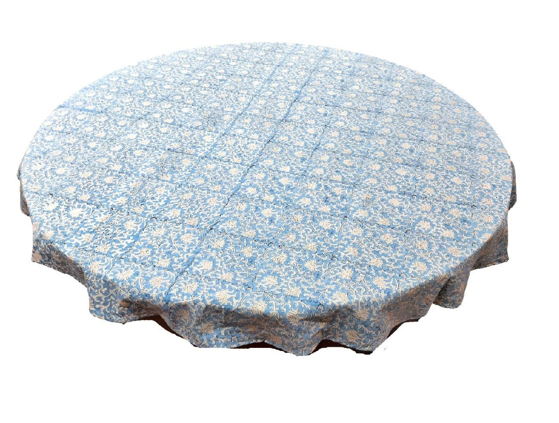 Large Round Block Print Denim Tablecloth