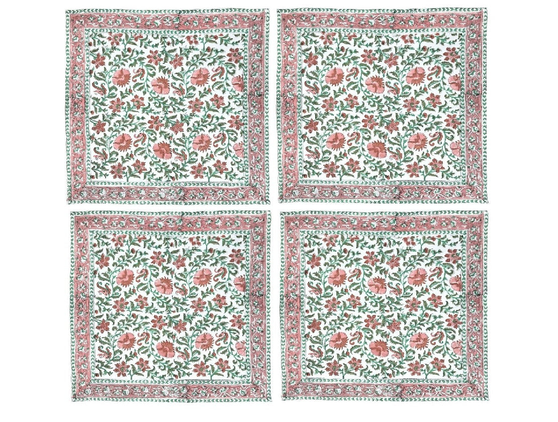 Set of 4 pink and green block print napkins
