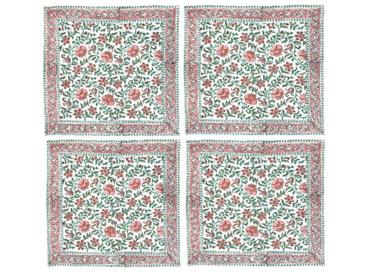 Set of 4 pink and green block print napkins