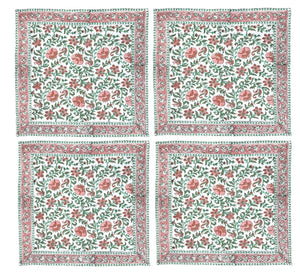 Set of 4 pink and green block print napkins