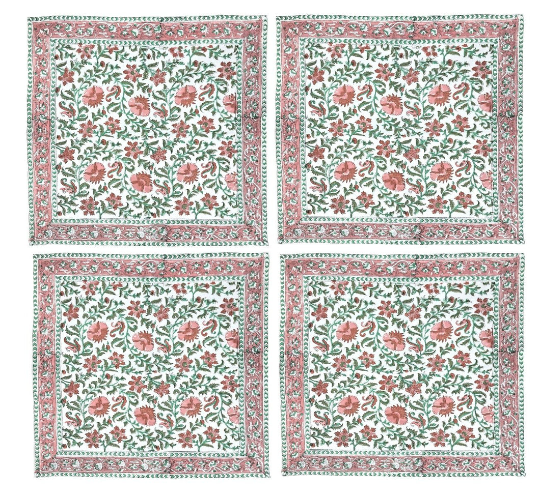Set of 4 pink and green block print napkins