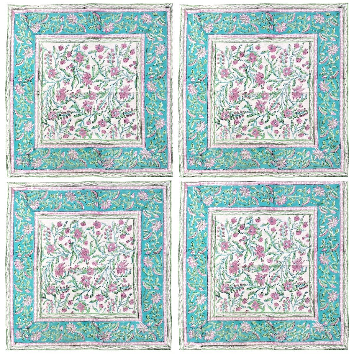 Block Print Green & Pink Napkin 4 Set