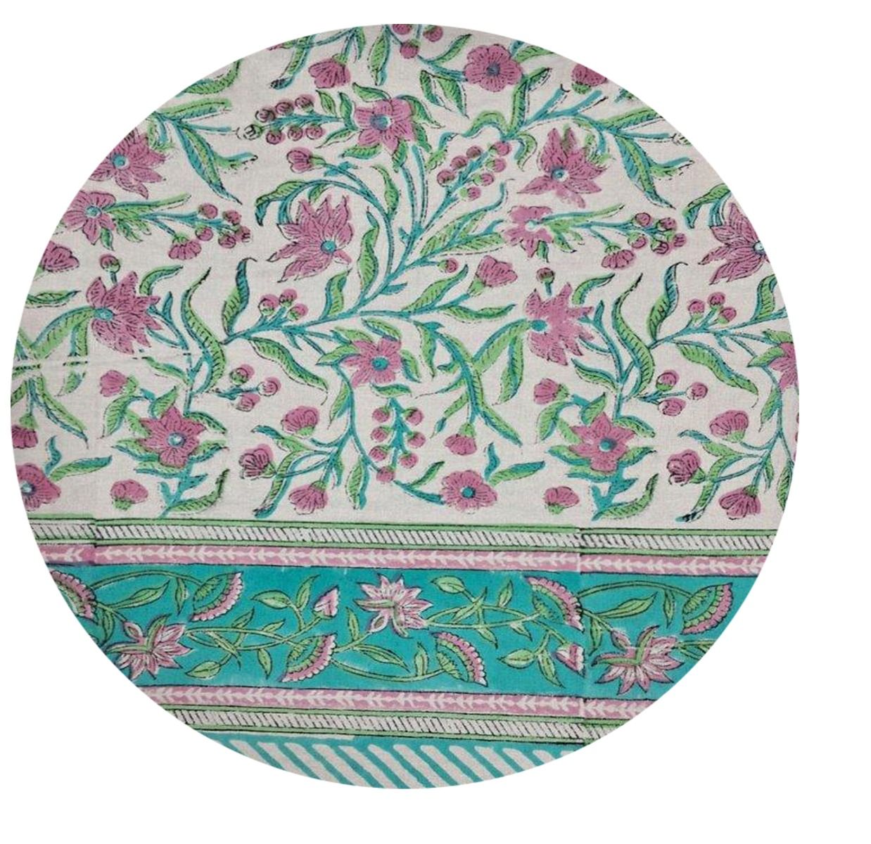 Block Print Green & Pink Round Tablecloth