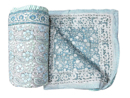 Reversible Block Printed Paisley Cotton Queen Size Quilt