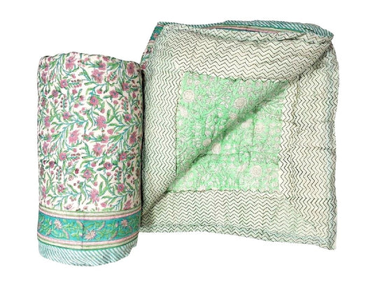 Reversible Block Printed Green Floral Cotton Queen Size Quilt