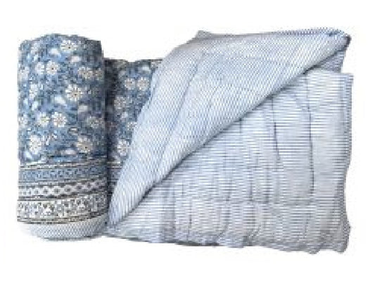 Denim Floral Block Print Cotton Filled Quilt