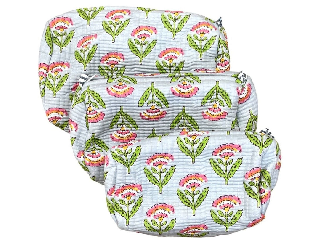 Set of 3 Pale Blue Flower Cosmetic Pouches