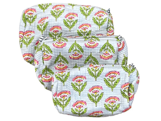 Set of 3 Pale Blue Flower Cosmetic Pouches