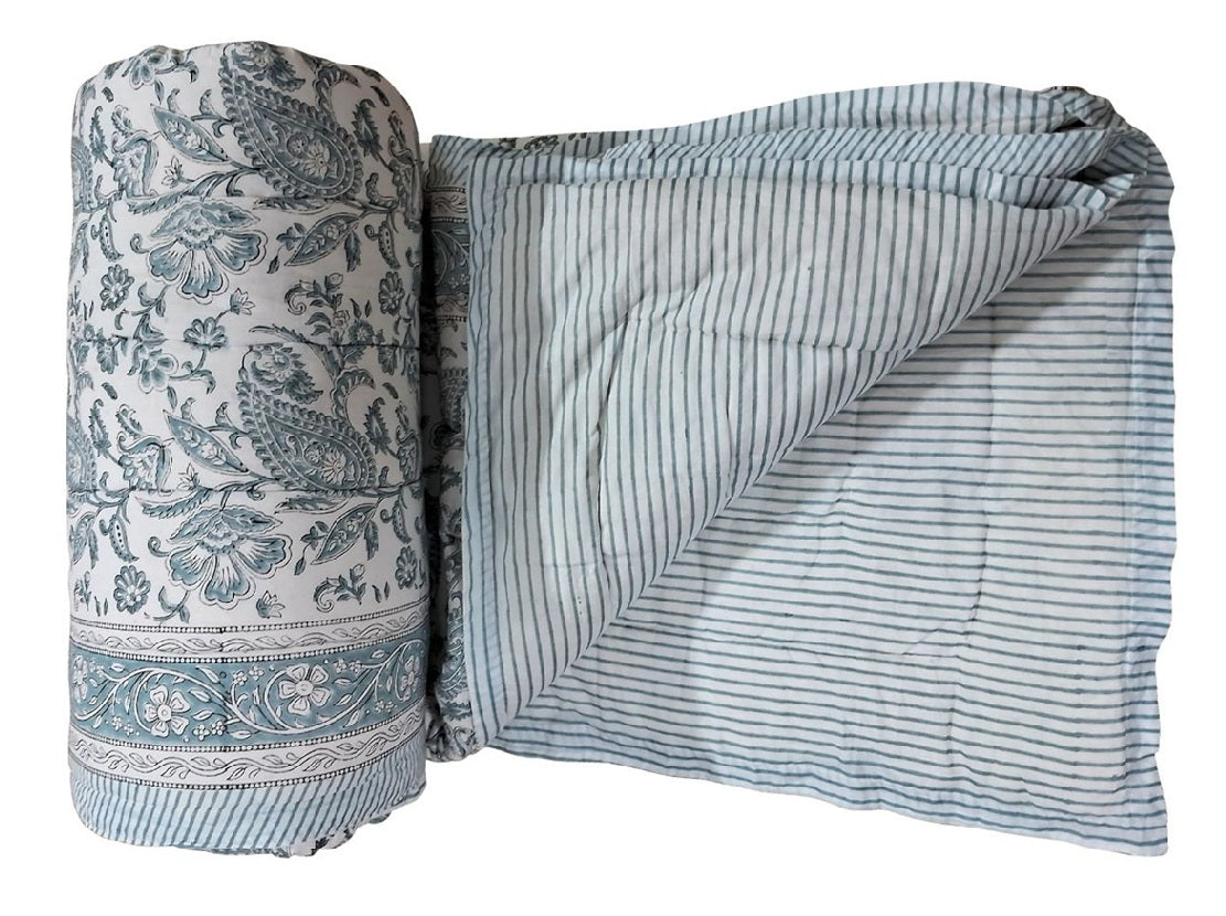 Frosty Blue Paisley Block-Print Quilt