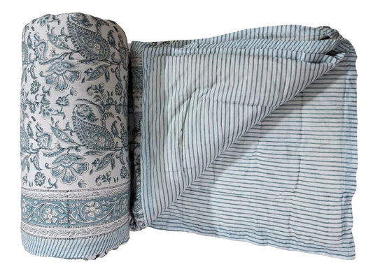 Frosty Blue Paisley Block-Print Quilt