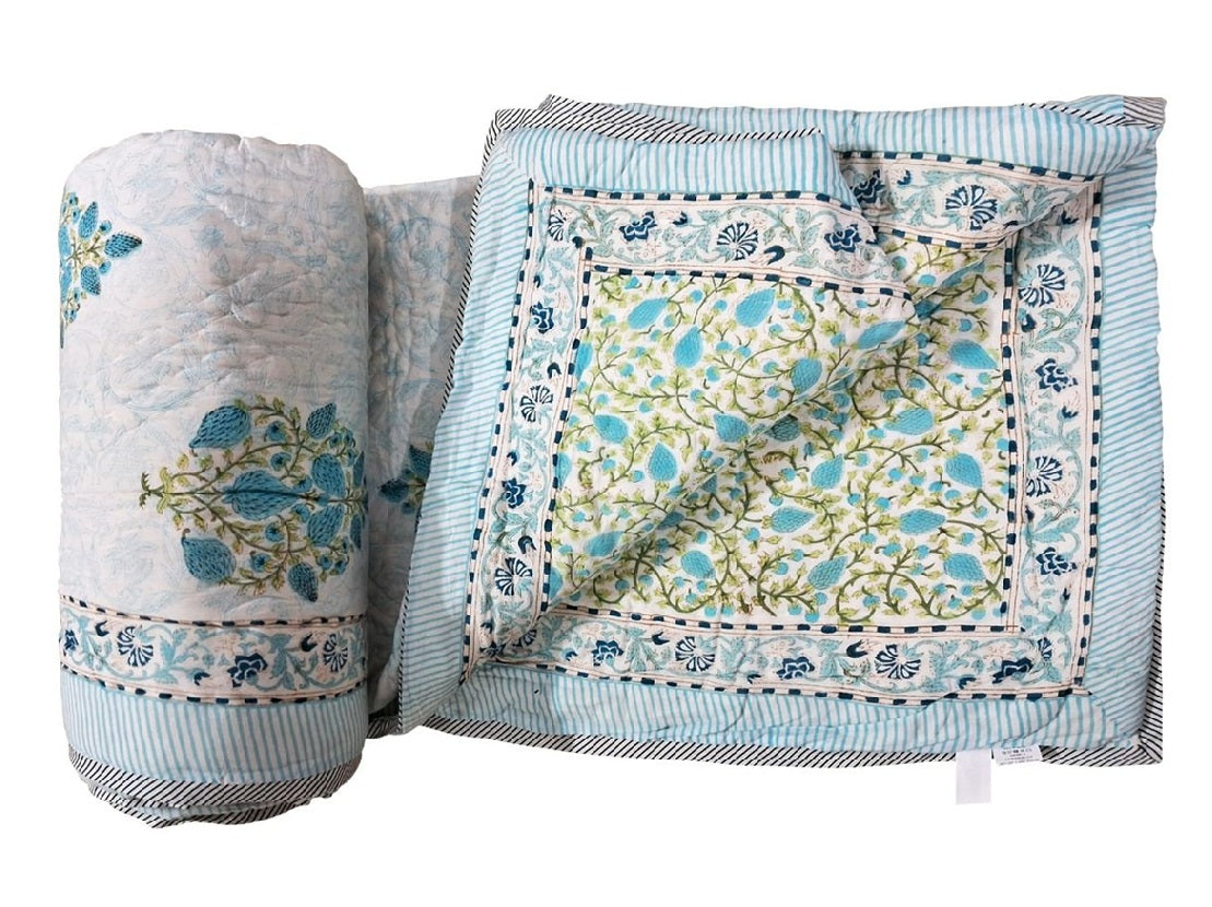 Turquoise & White 100% Cotton Reversible Quilt