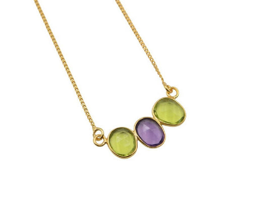 18 k Gold plated 3 stone necklace peridot /amethyst