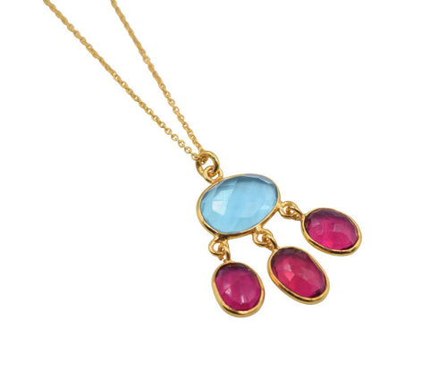 18 k Gold plated drop necklace aqua blue/pink